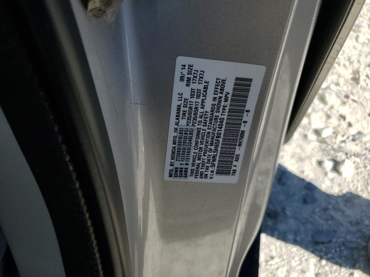 5FNRL5H65FB014040 2015 Honda Odyssey Exl