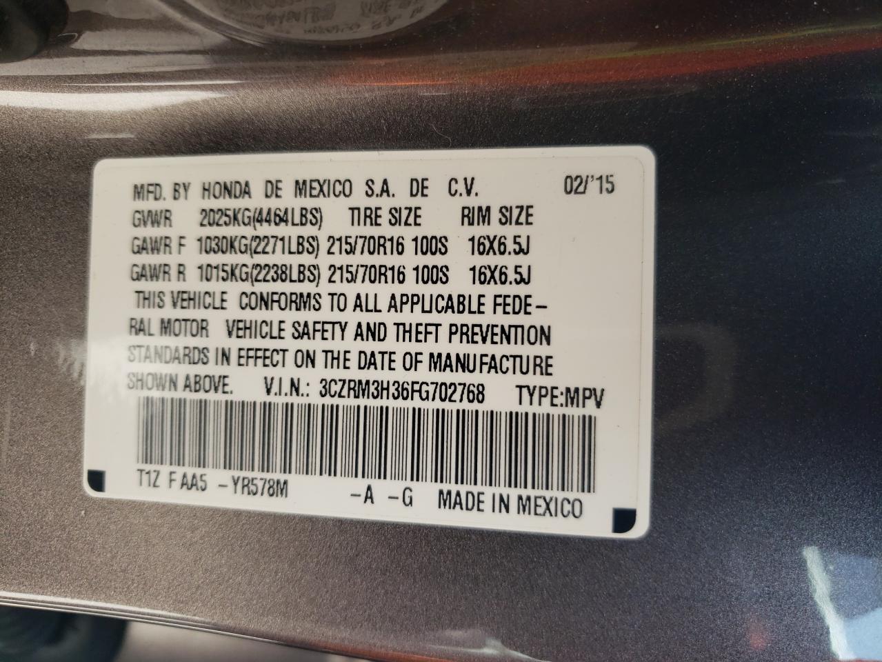 3CZRM3H36FG702768 2015 Honda Cr-V Lx