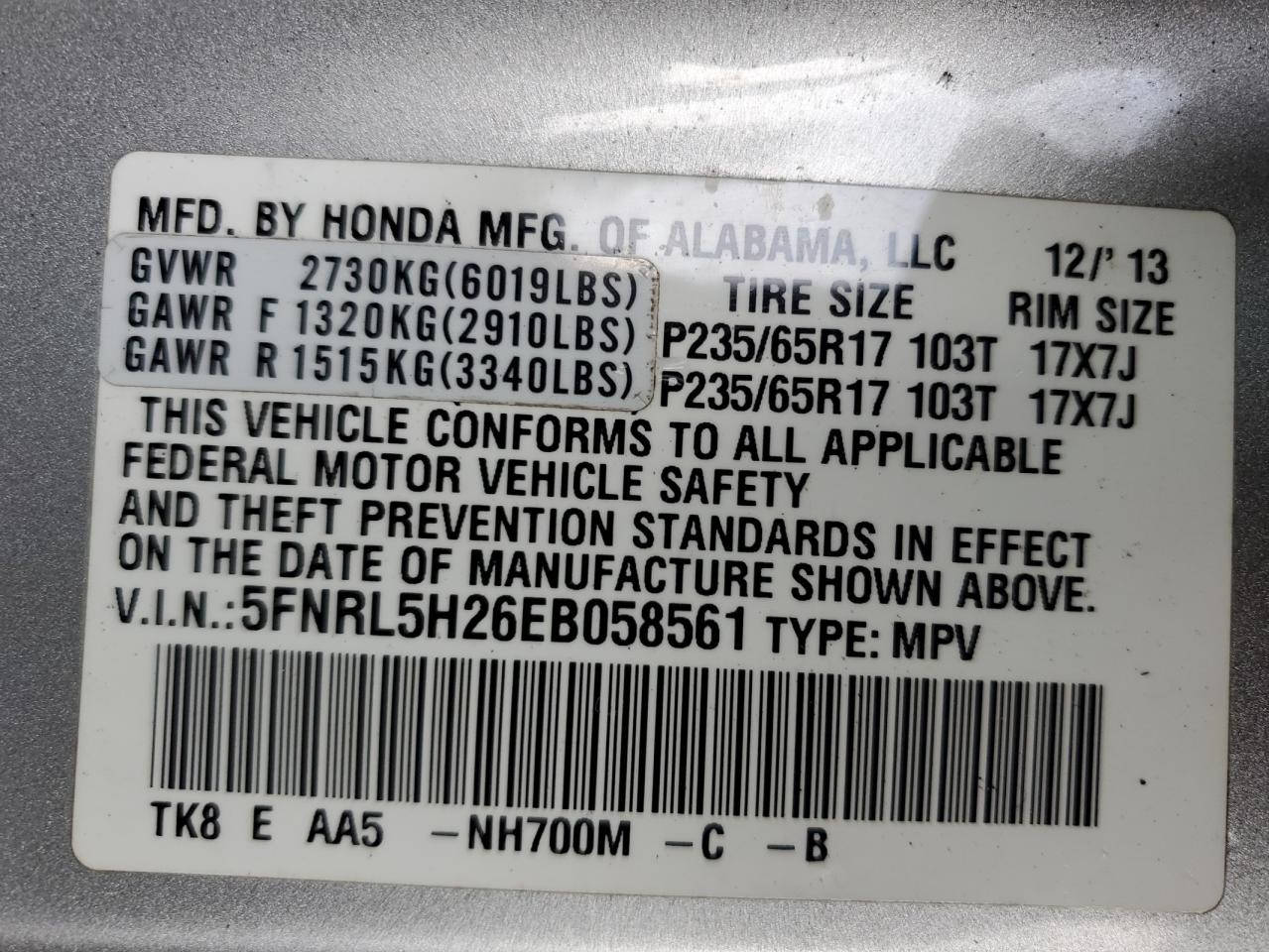 5FNRL5H26EB058561 2014 Honda Odyssey Lx