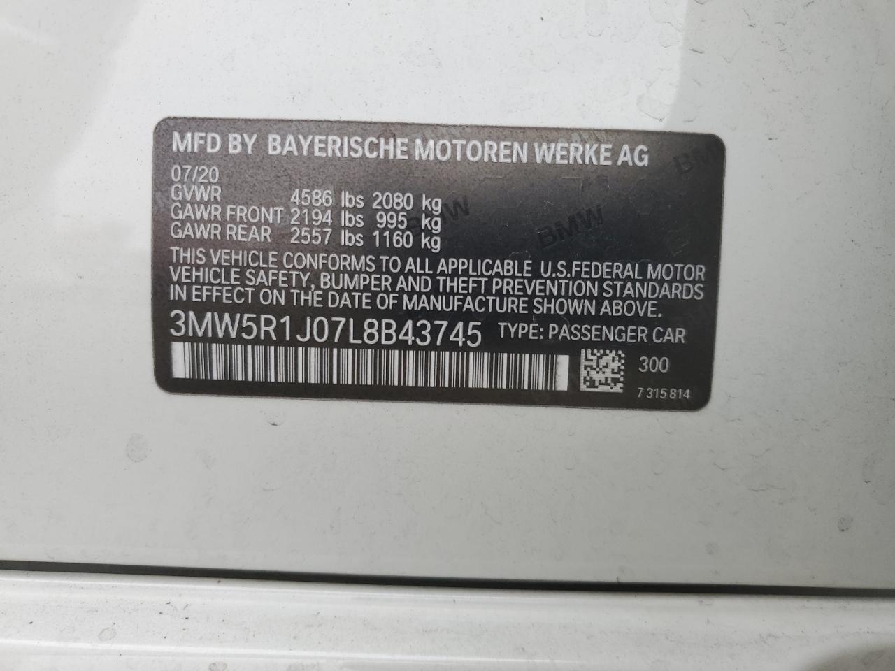 3MW5R1J07L8B43745 2020 BMW 330I