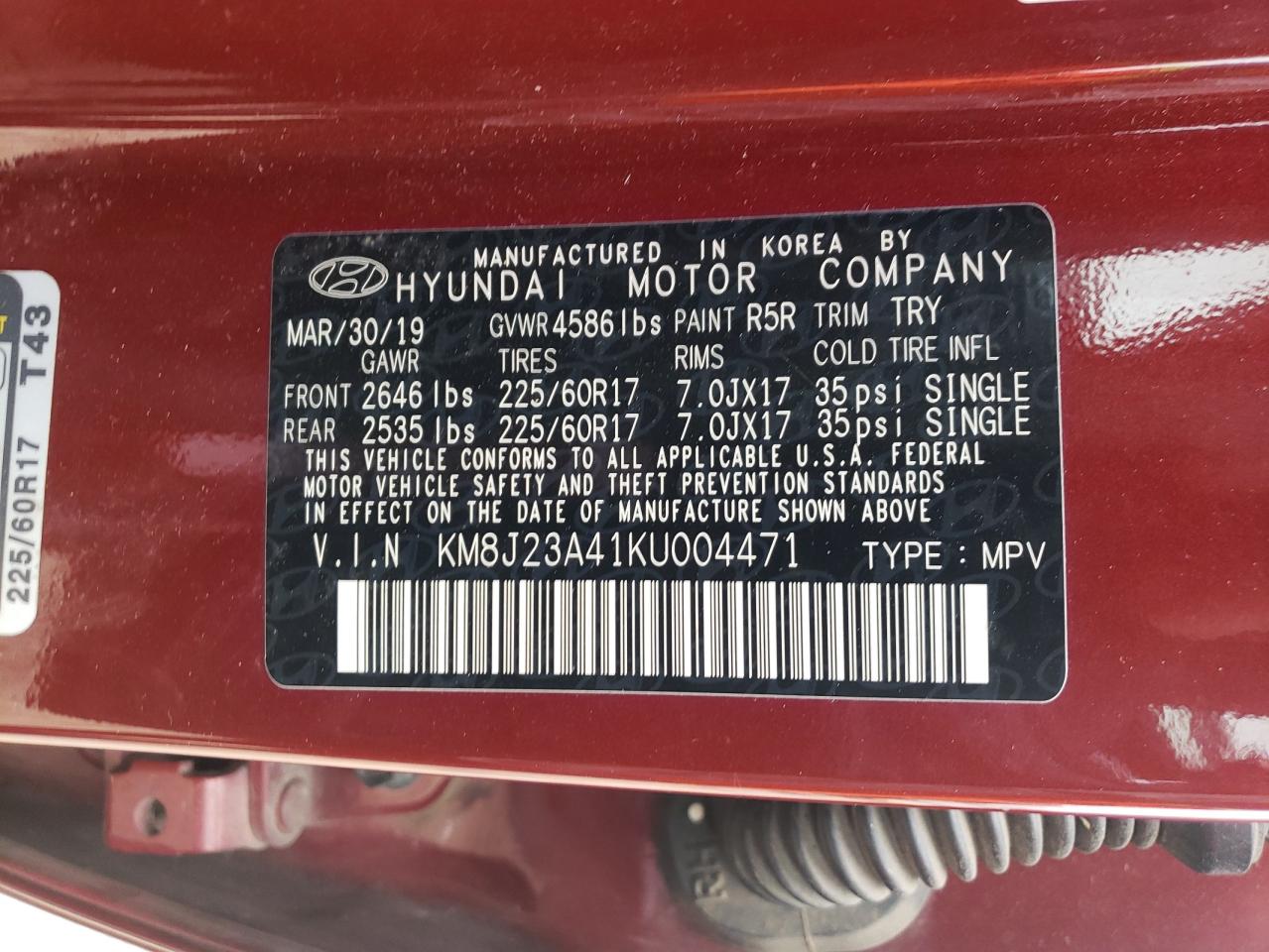 KM8J23A41KU004471 2019 Hyundai Tucson Se