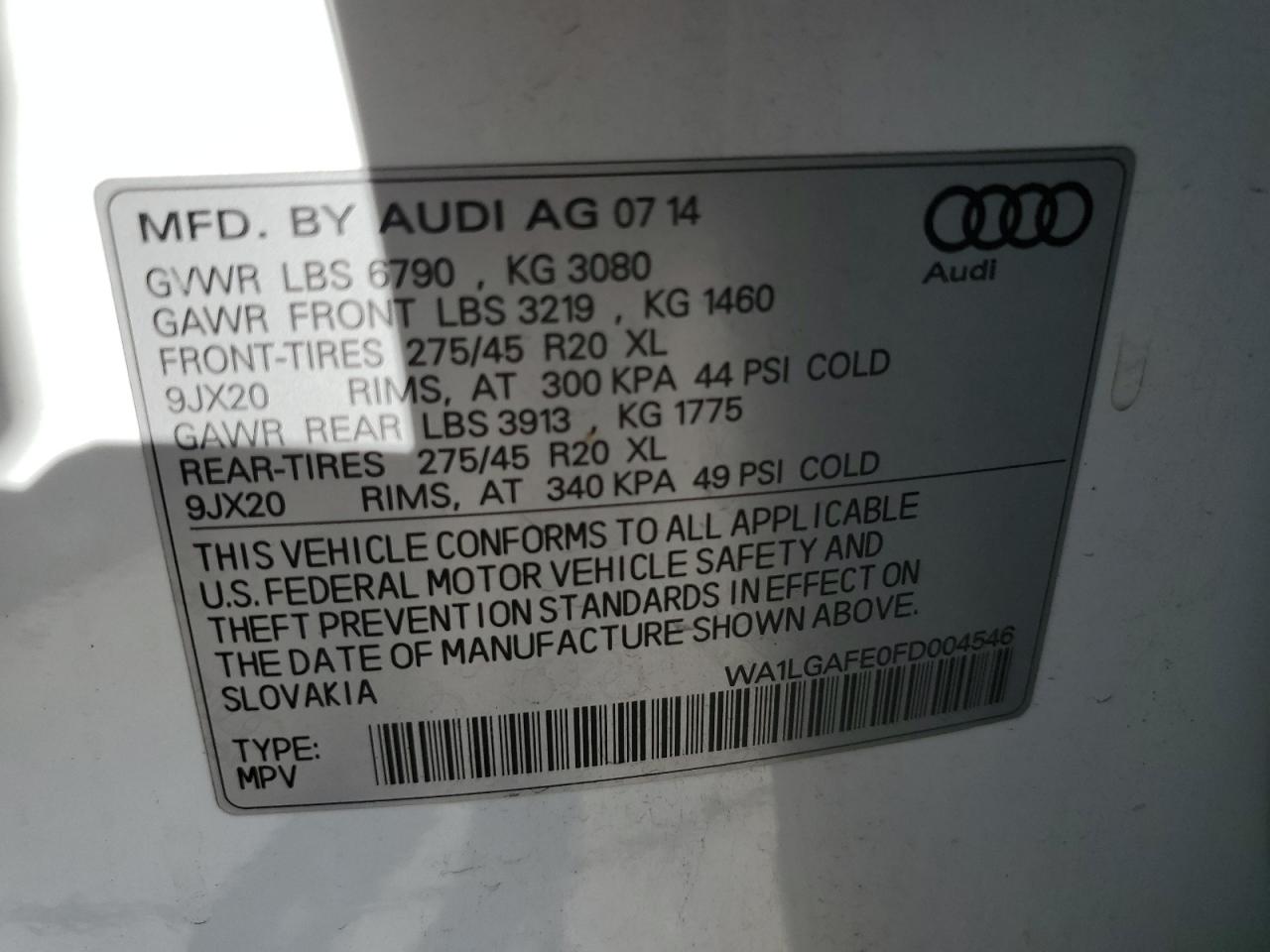 2015 Audi Q7 Premium Plus VIN: WA1LGAFE0FD004546 Lot: 73869664