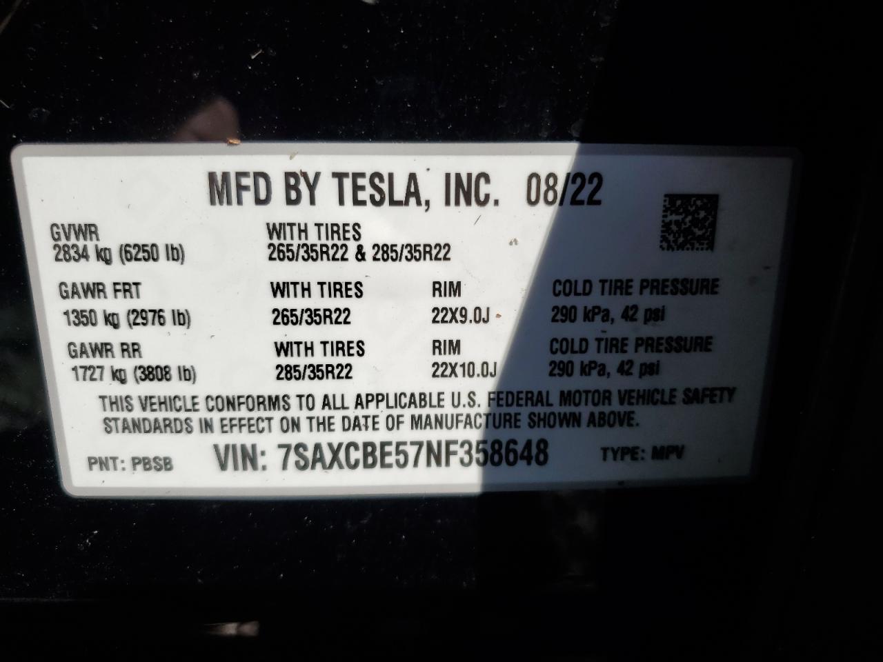 2022 Tesla Model X VIN: 7SAXCBE57NF358648 Lot: 73778404