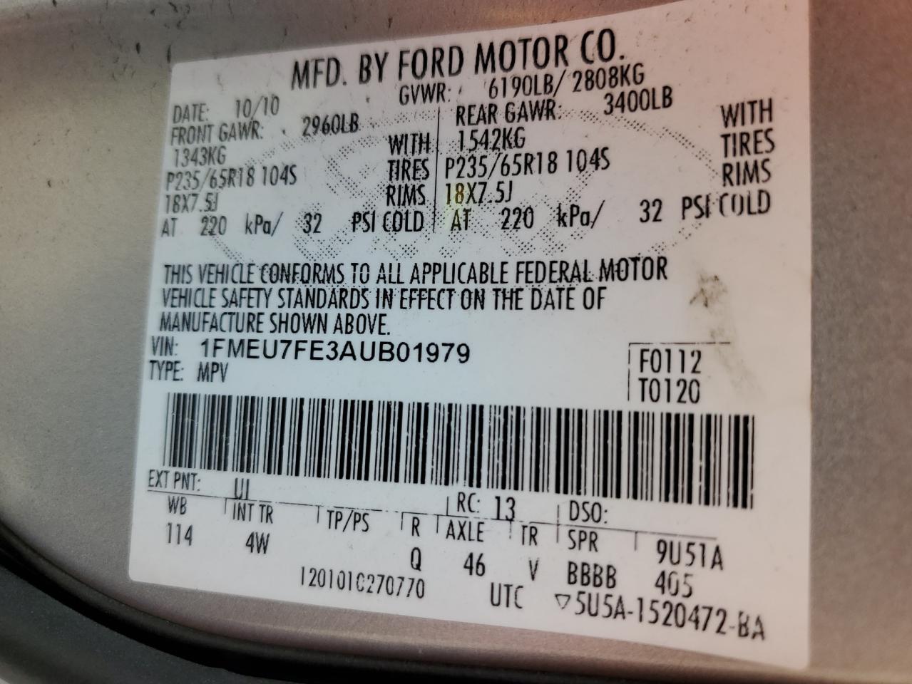 2010 Ford Explorer Limited VIN: 1FMEU7FE3AUB01979 Lot: 71459624