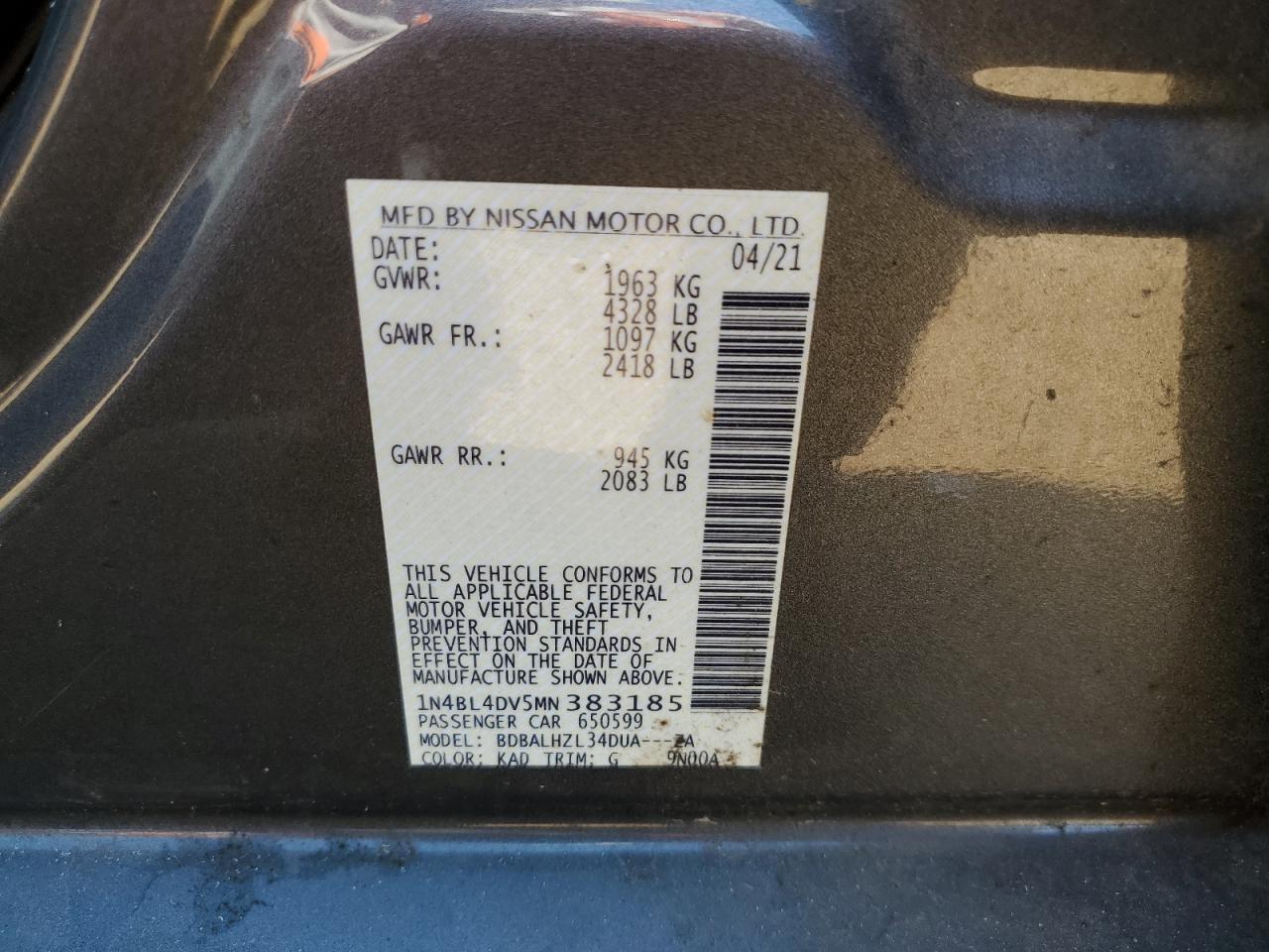 2021 Nissan Altima Sv VIN: 1N4BL4DV5MN383185 Lot: 71627224