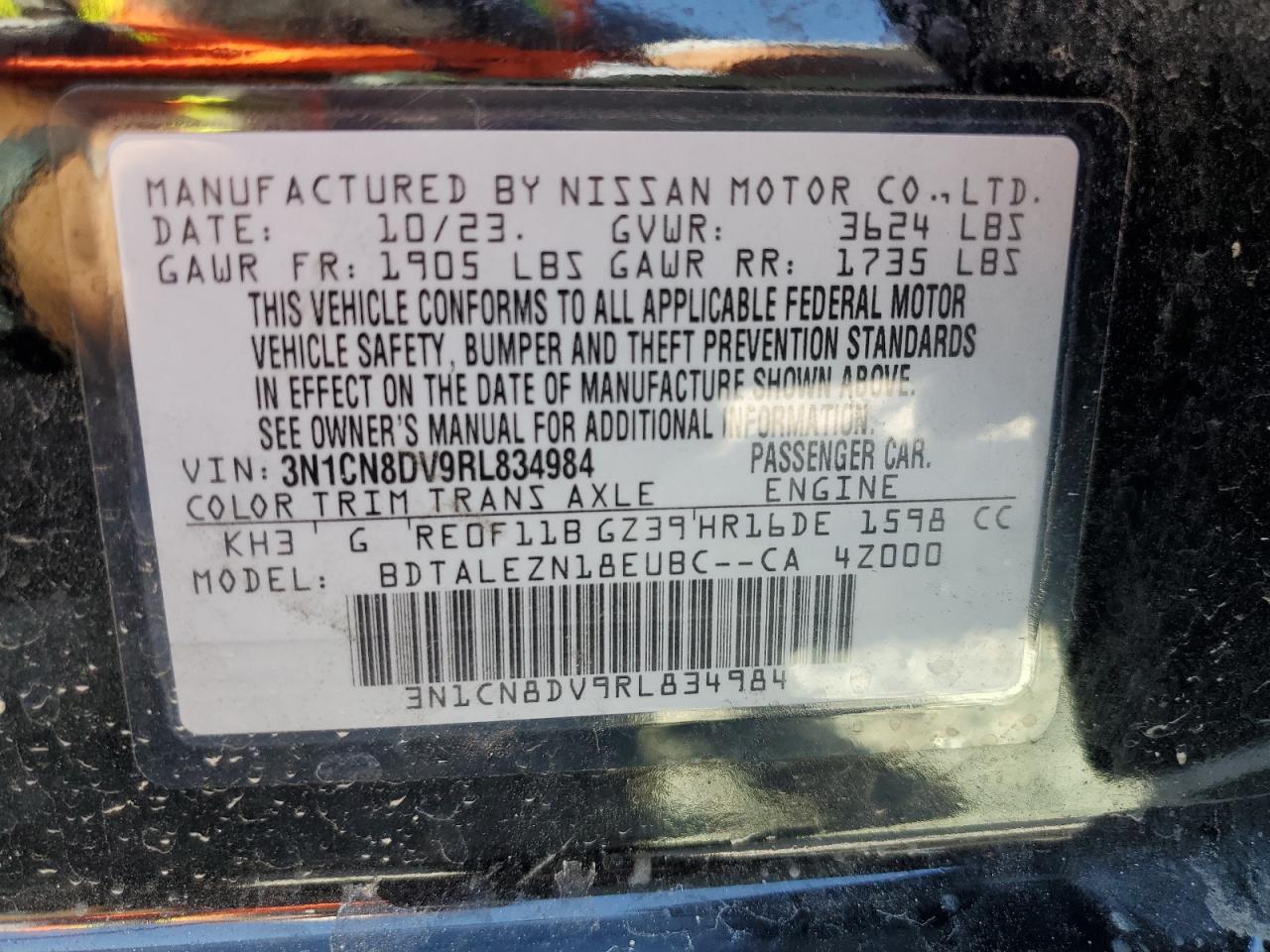 2024 Nissan Versa S VIN: 3N1CN8DV9RL834984 Lot: 72817184