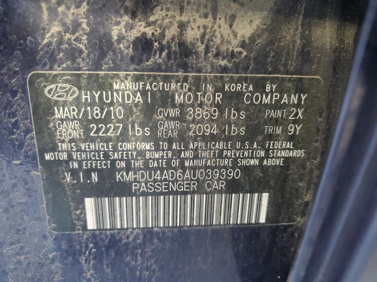 2010 Hyundai Elantra Blue VIN: KMHDU4AD6AU039390 Lot: 69968014