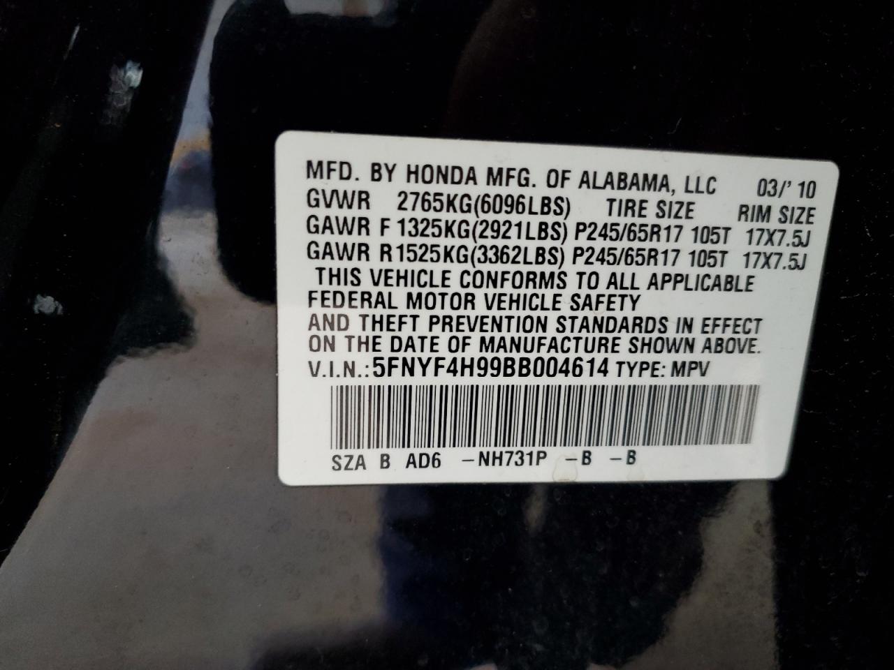 5FNYF4H99BB004614 2011 Honda Pilot Touring