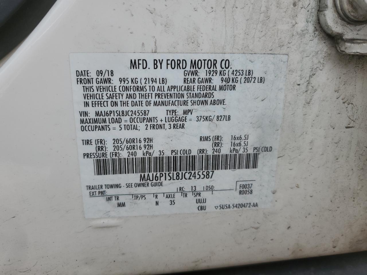 2018 Ford Ecosport S VIN: MAJ6P1SL8JC245587 Lot: 71916294