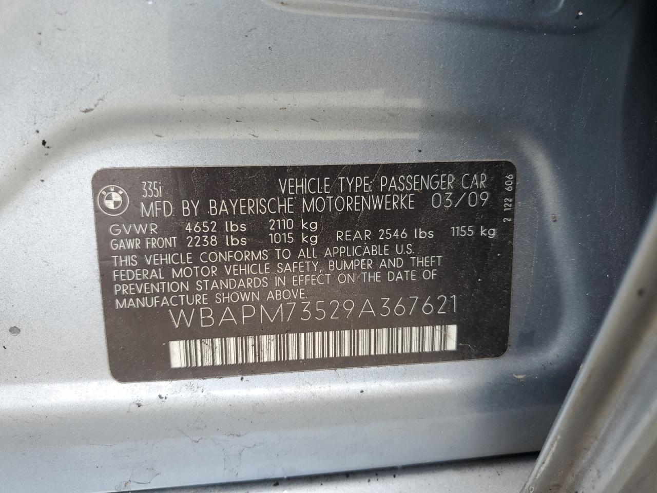 2009 BMW 335 I VIN: WBAPM73529A367621 Lot: 71927034