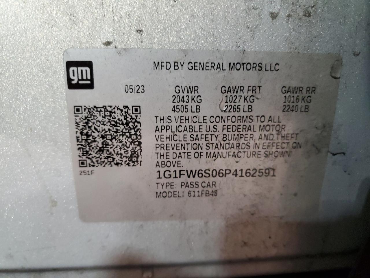 1G1FW6S06P4162591 2023 Chevrolet Bolt Ev 1Lt