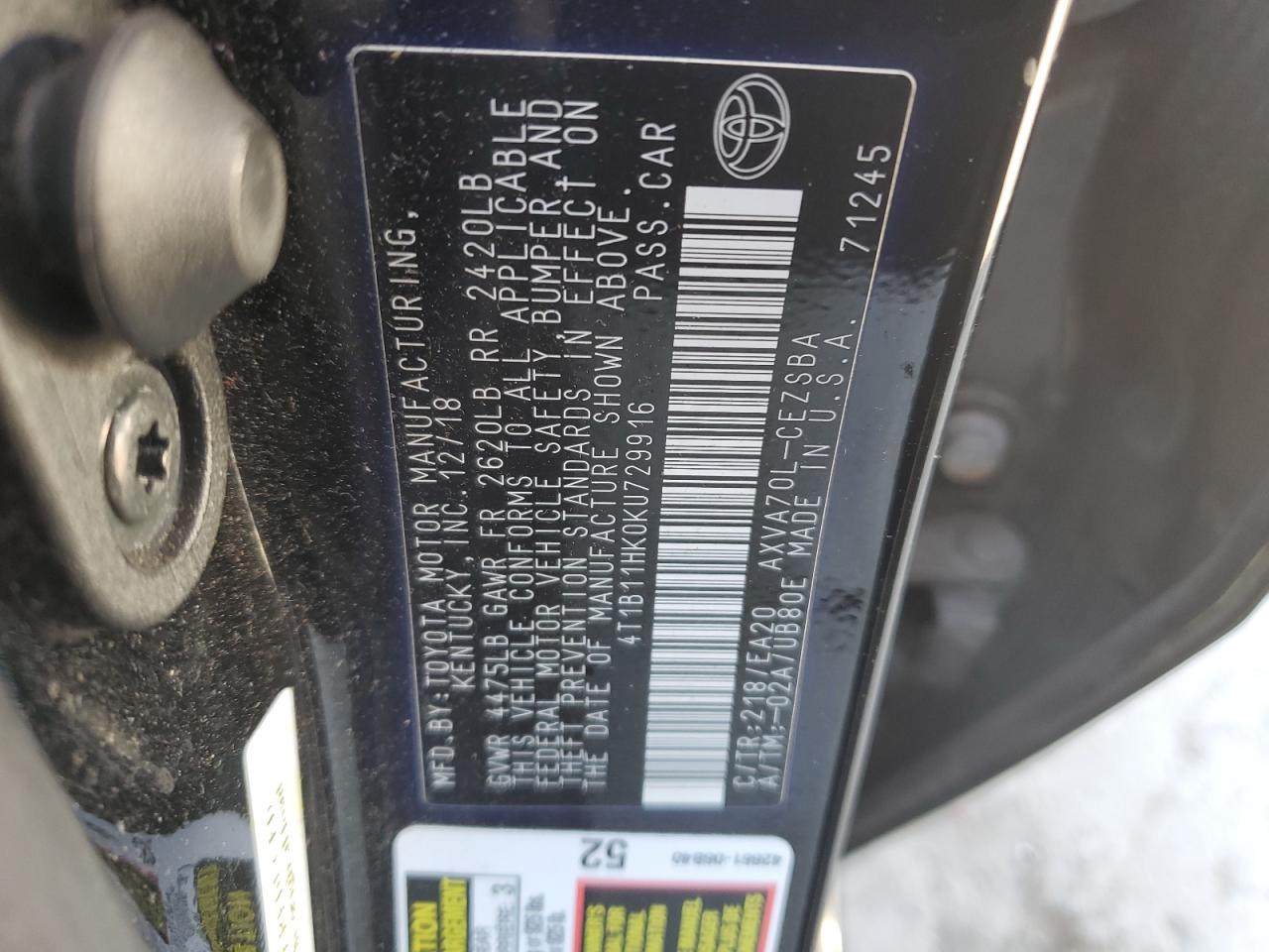 4T1B11HK0KU729916 2019 Toyota Camry L