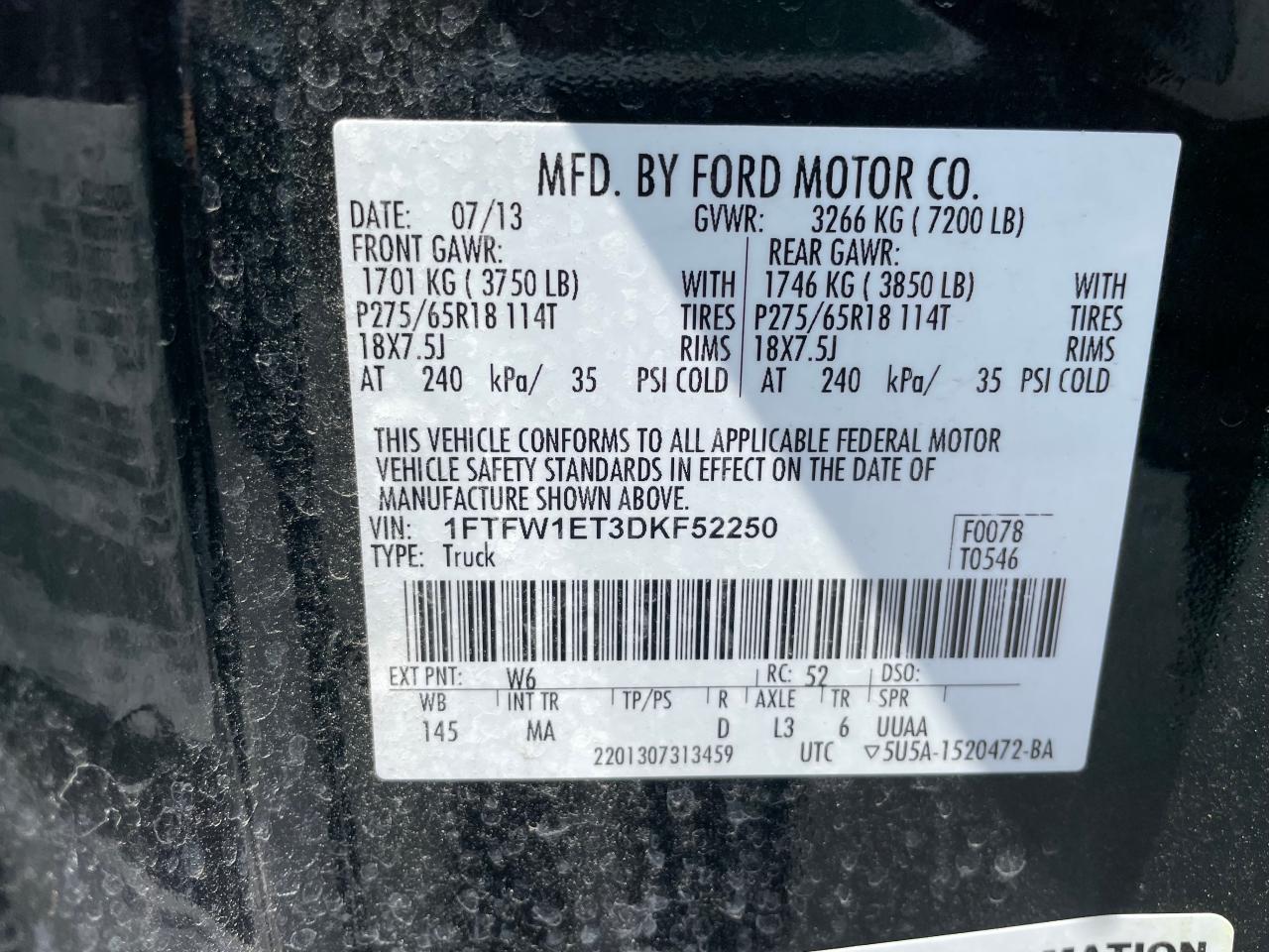 2013 Ford F150 Supercrew VIN: 1FTFW1ET3DKF52250 Lot: 73424824