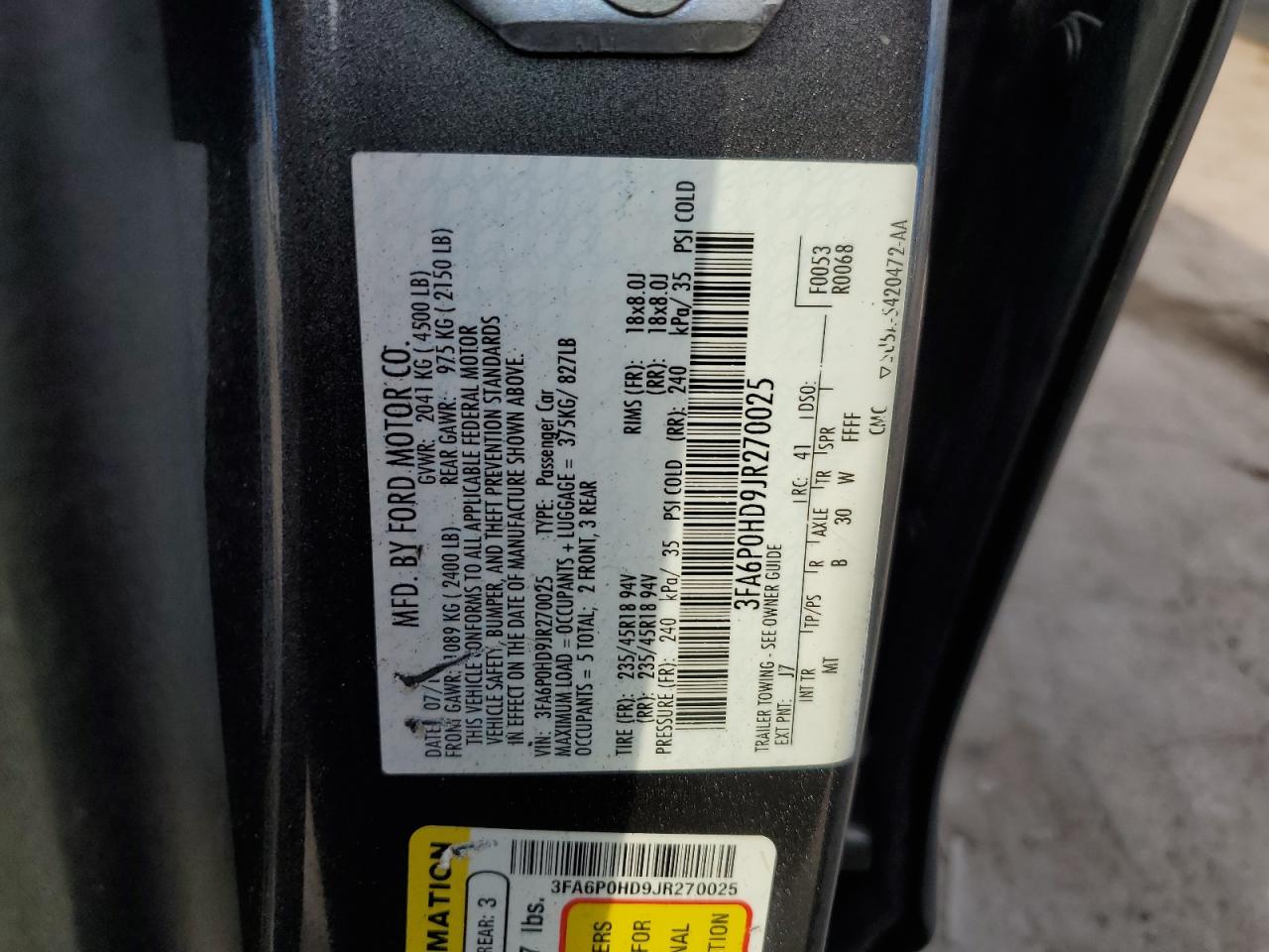 3FA6P0HD9JR270025 2018 Ford Fusion Se