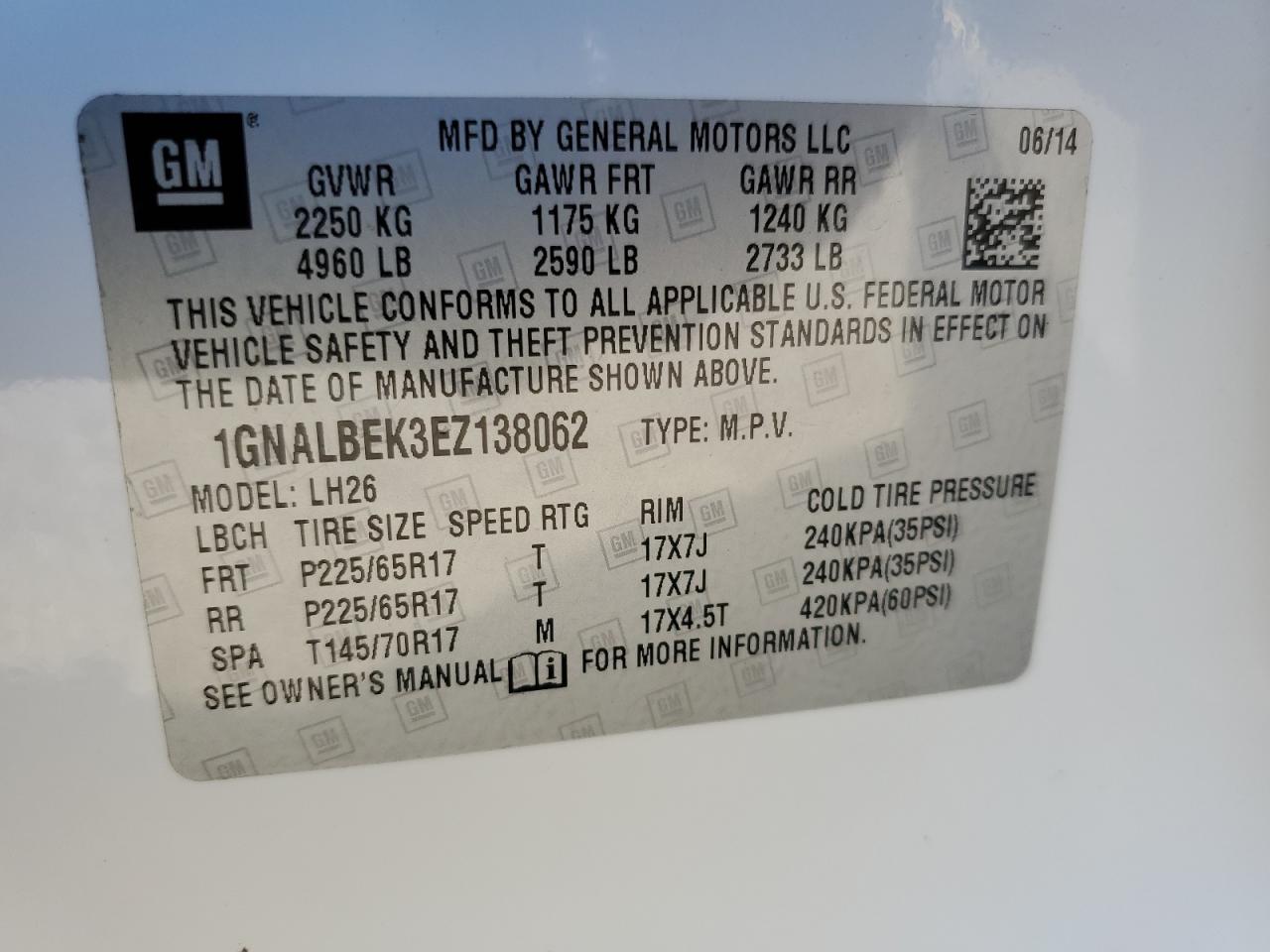 1GNALBEK3EZ138062 2014 Chevrolet Equinox Lt