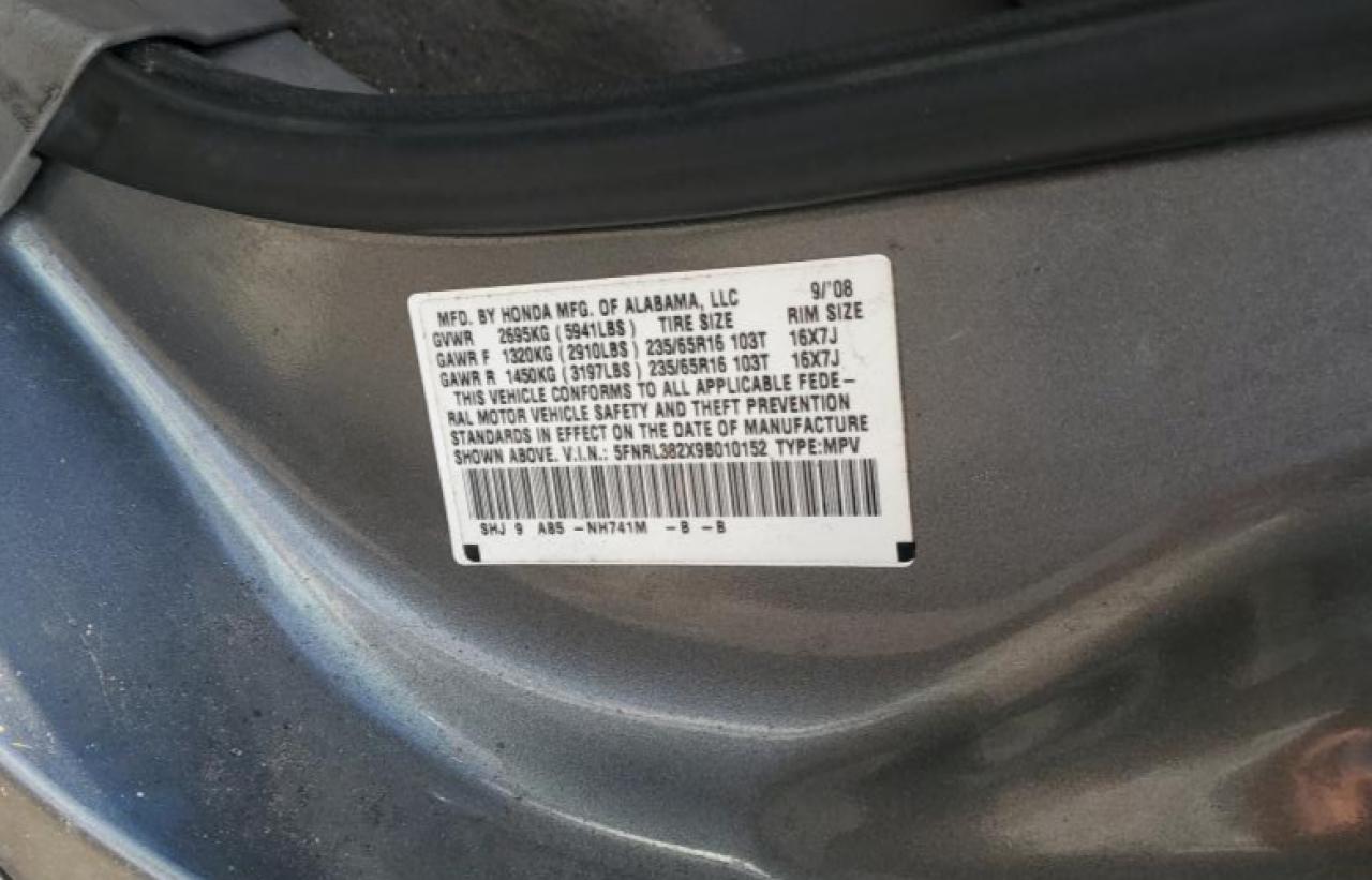 5FNRL382X9B010152 2009 Honda Odyssey Lx