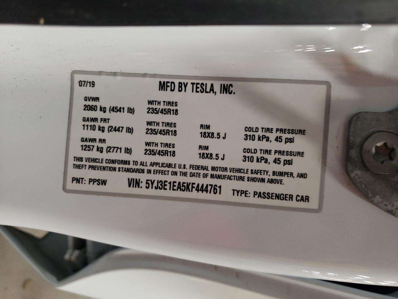 2019 Tesla Model 3 VIN: 5YJ3E1EA5KF444761 Lot: 70784094