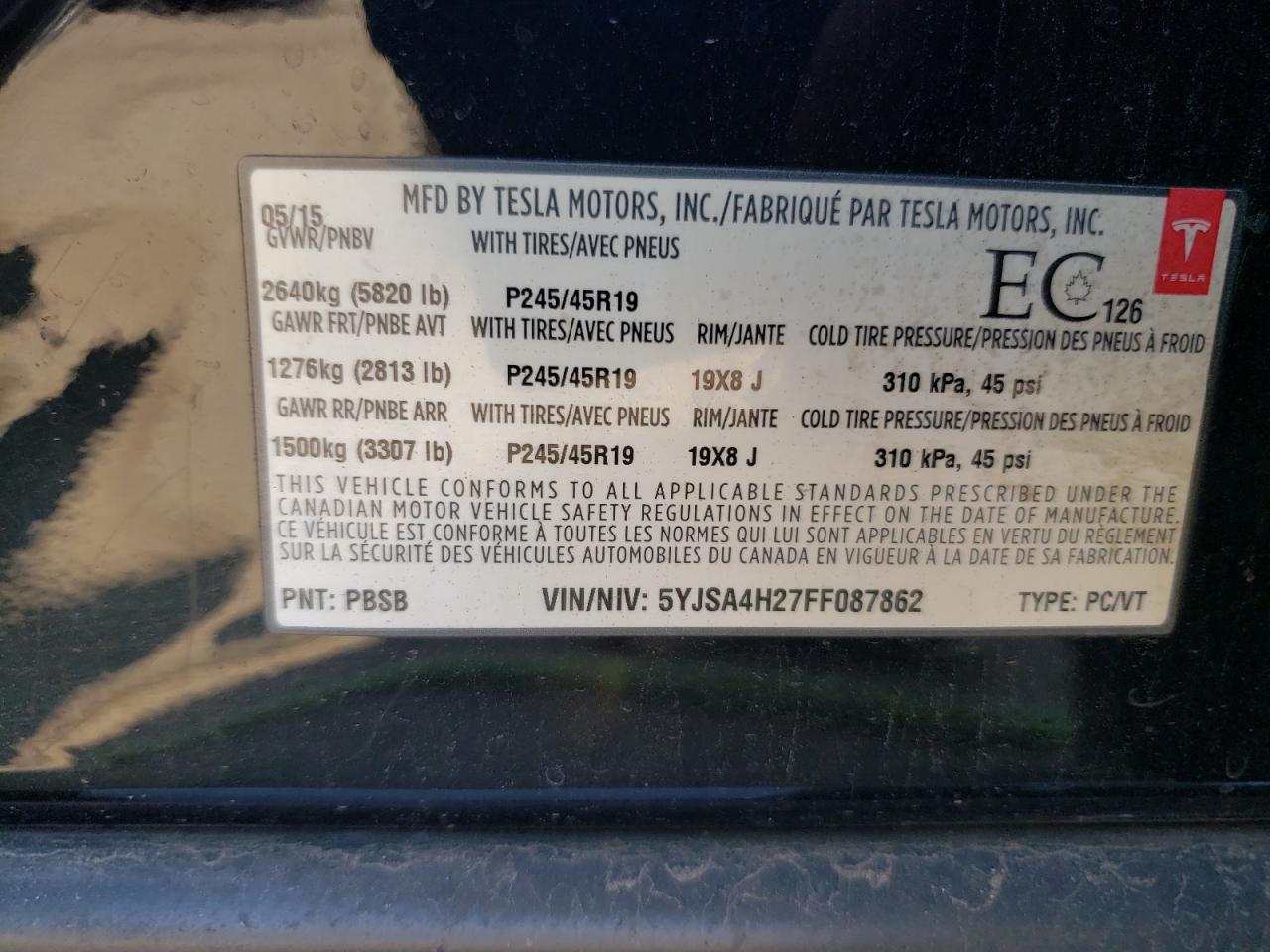 5YJSA4H27FF087862 2015 Tesla Model S 85D