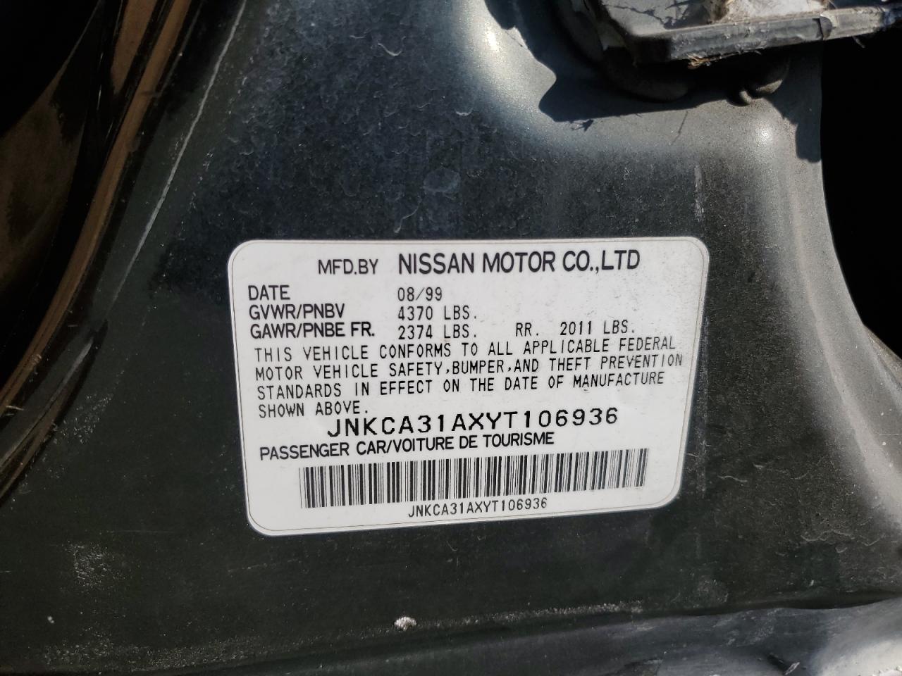 2000 Infiniti I30 VIN: JNKCA31AXYT106936 Lot: 72280694