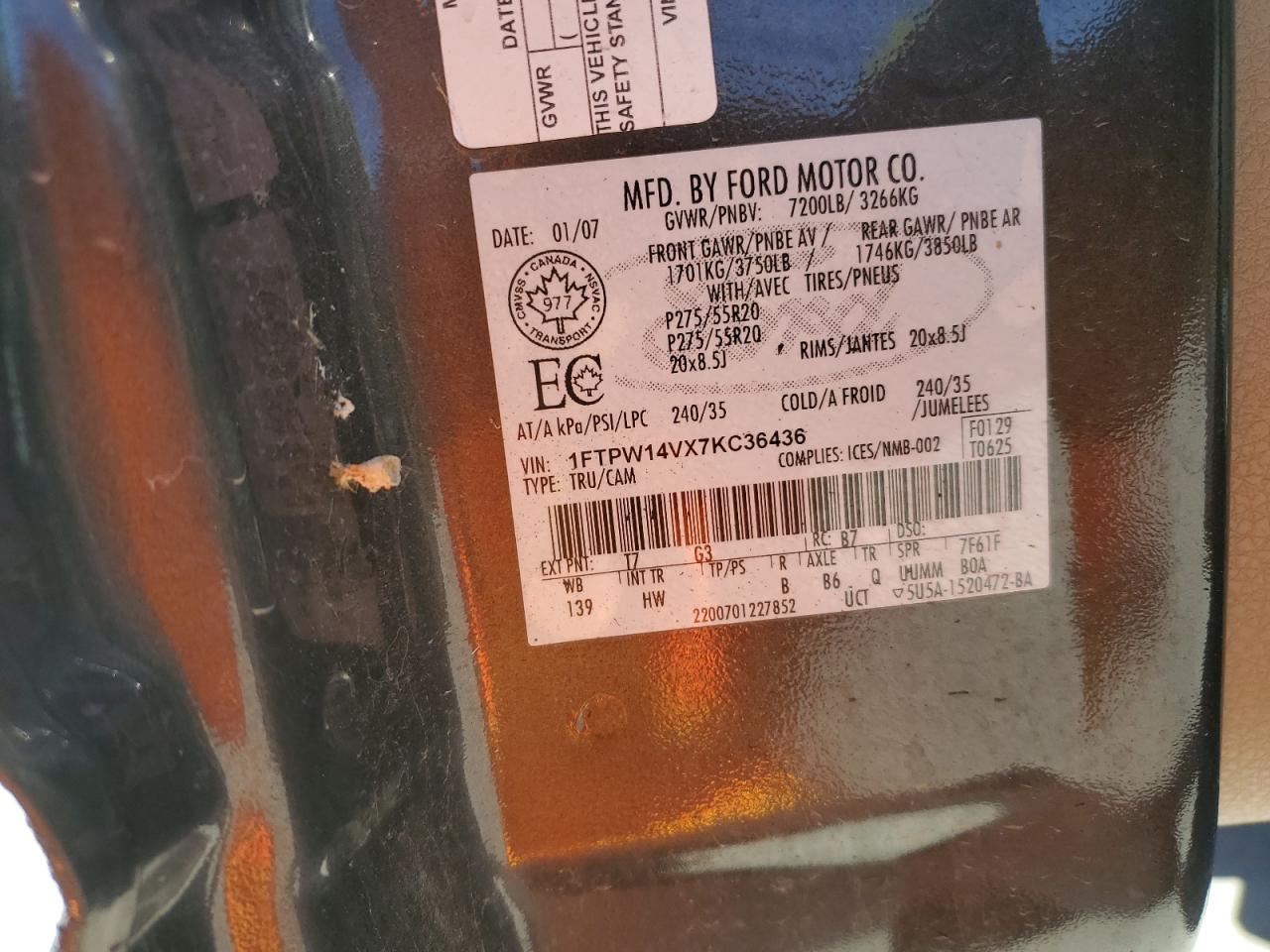 2007 Ford F150 Supercrew VIN: 1FTPW14VX7KC36436 Lot: 72895024