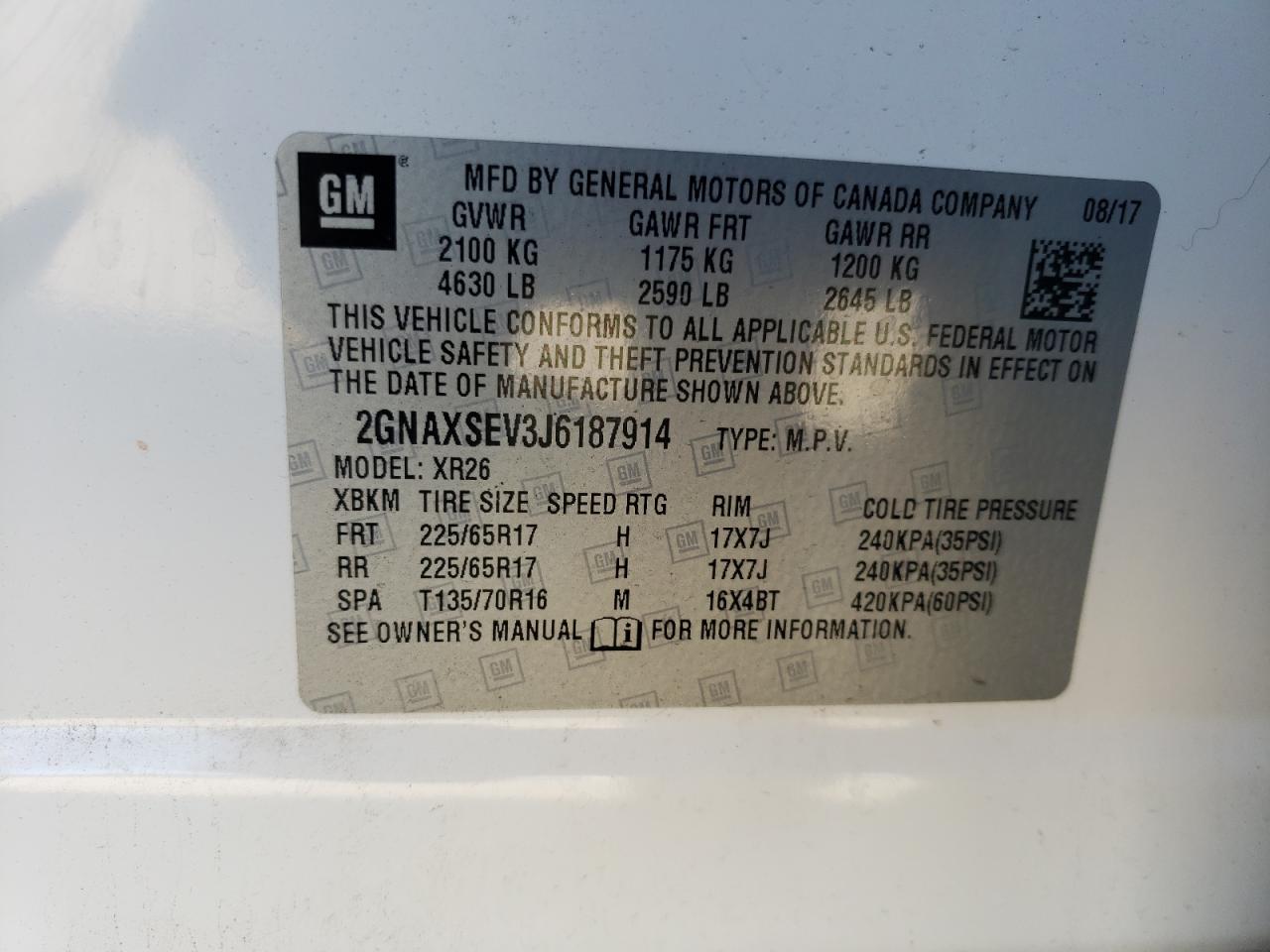 2GNAXSEV3J6187914 2018 Chevrolet Equinox Lt