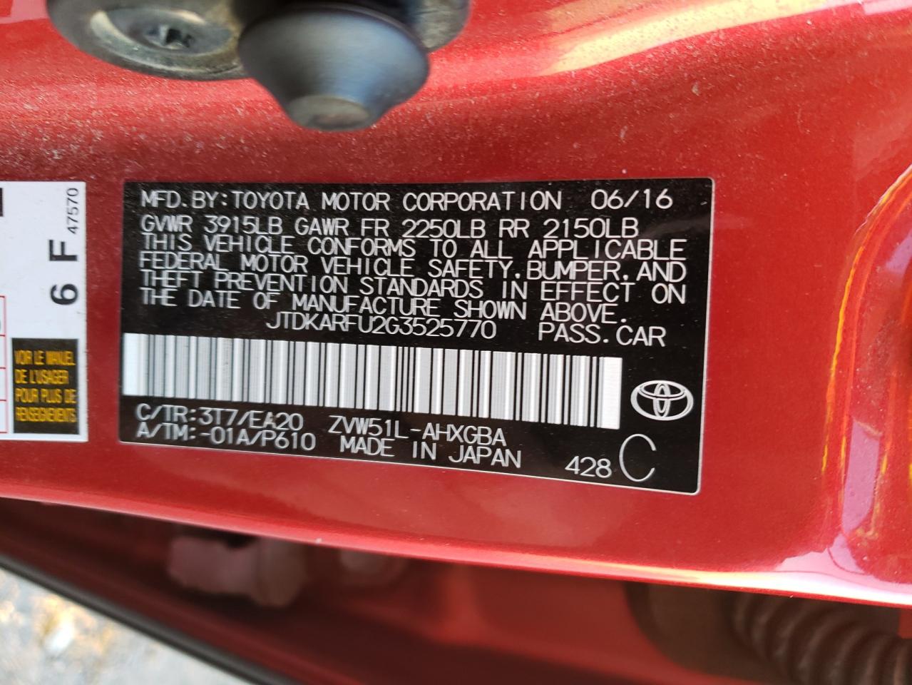 JTDKARFU2G3525770 2016 Toyota Prius