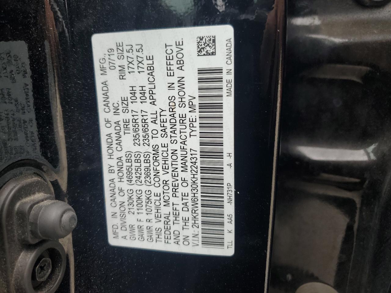 2HKRW6H30KH224317 2019 Honda Cr-V Lx