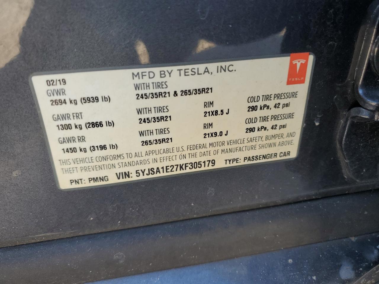 5YJSA1E27KF305179 2019 Tesla Model S