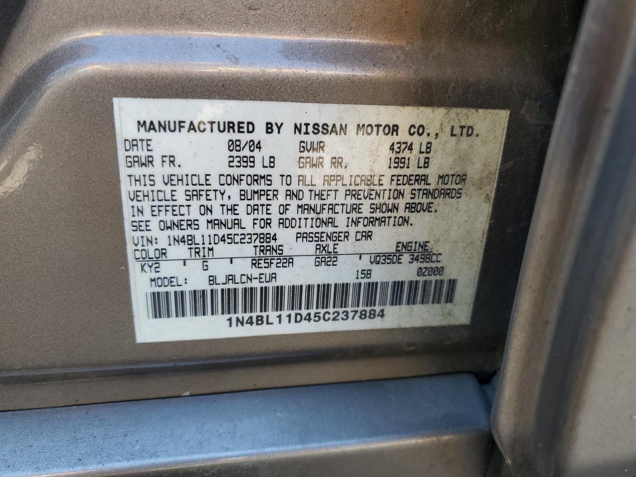 1N4BL11D45C237884 2005 Nissan Altima Se