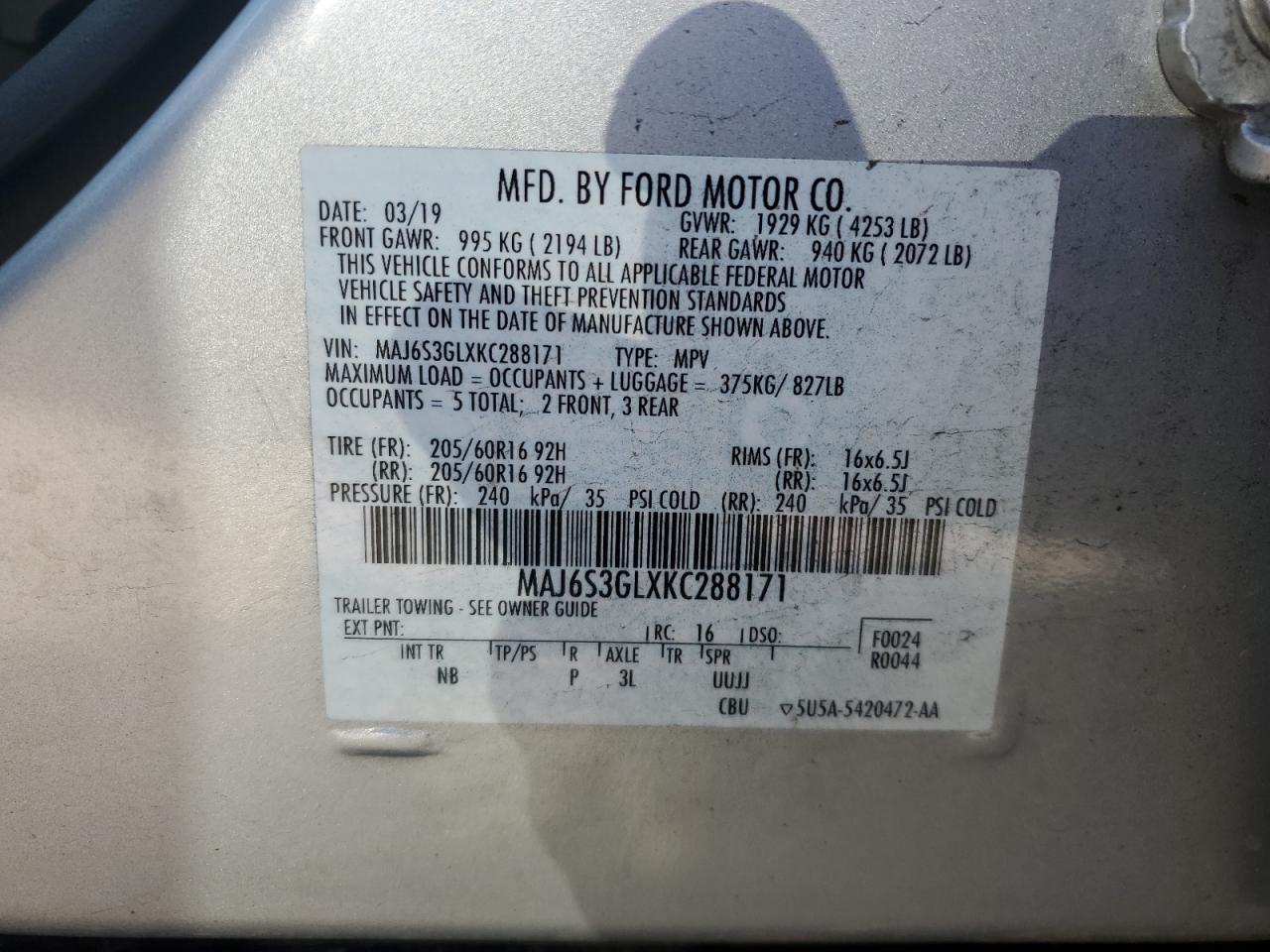 MAJ6S3GLXKC288171 2019 Ford Ecosport Se