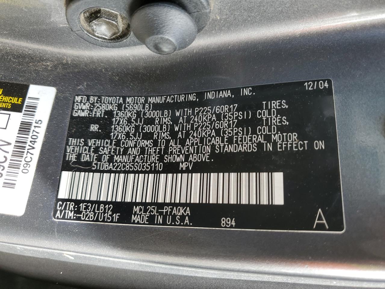 5TDBA22C85S035110 2005 Toyota Sienna Xle