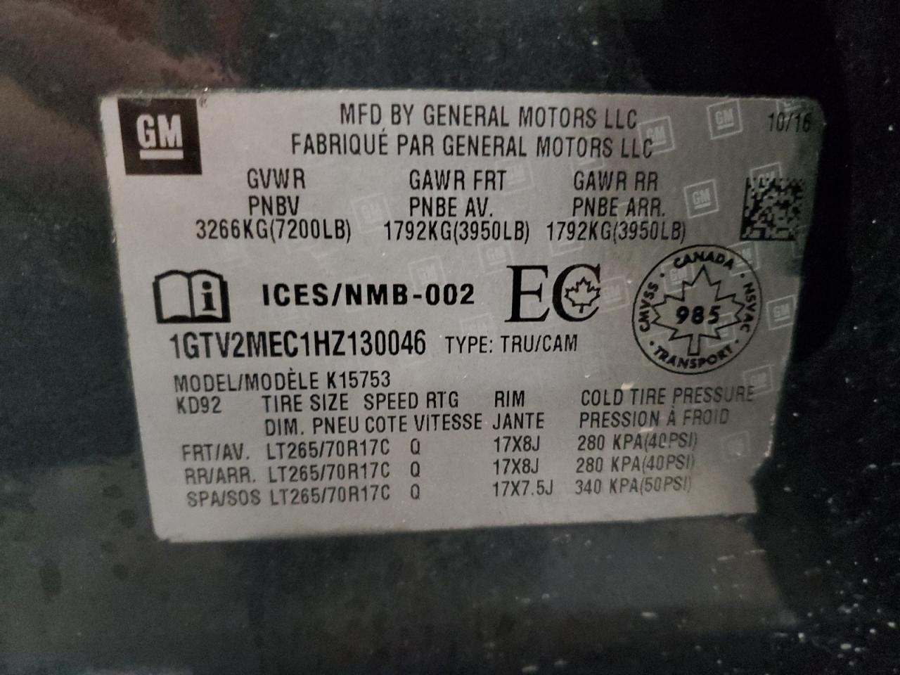 1GTV2MEC1HZ130046 2017 GMC Sierra K1500 Sle