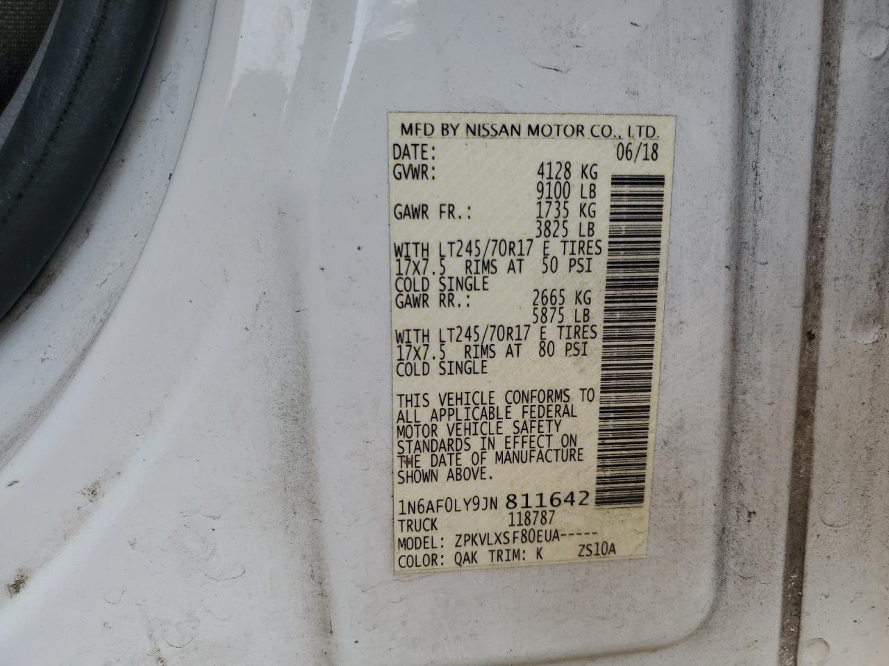 1N6AF0LY9JN811642 2018 Nissan Nv 2500 S