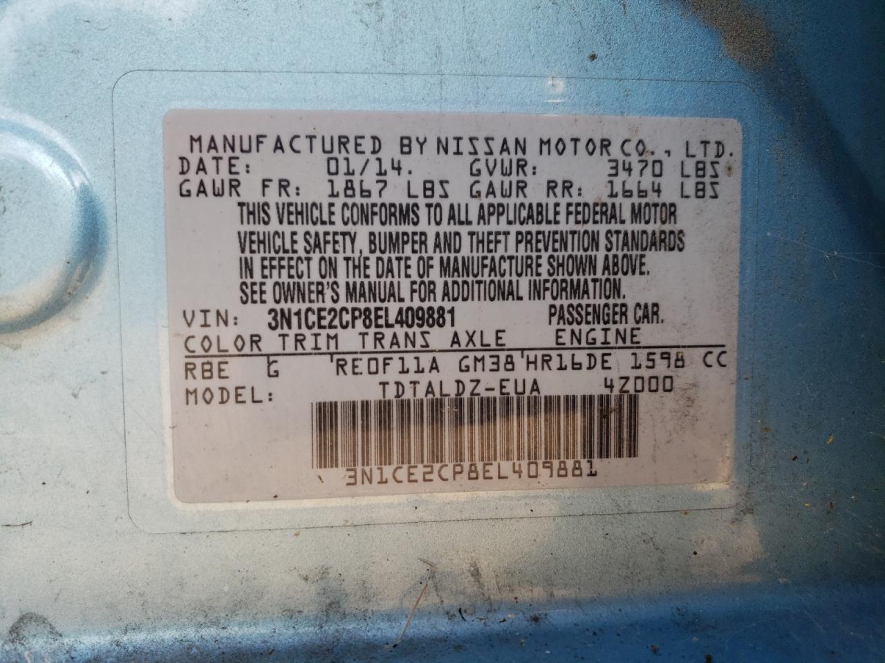 3N1CE2CP8EL409881 2014 Nissan Versa Note S