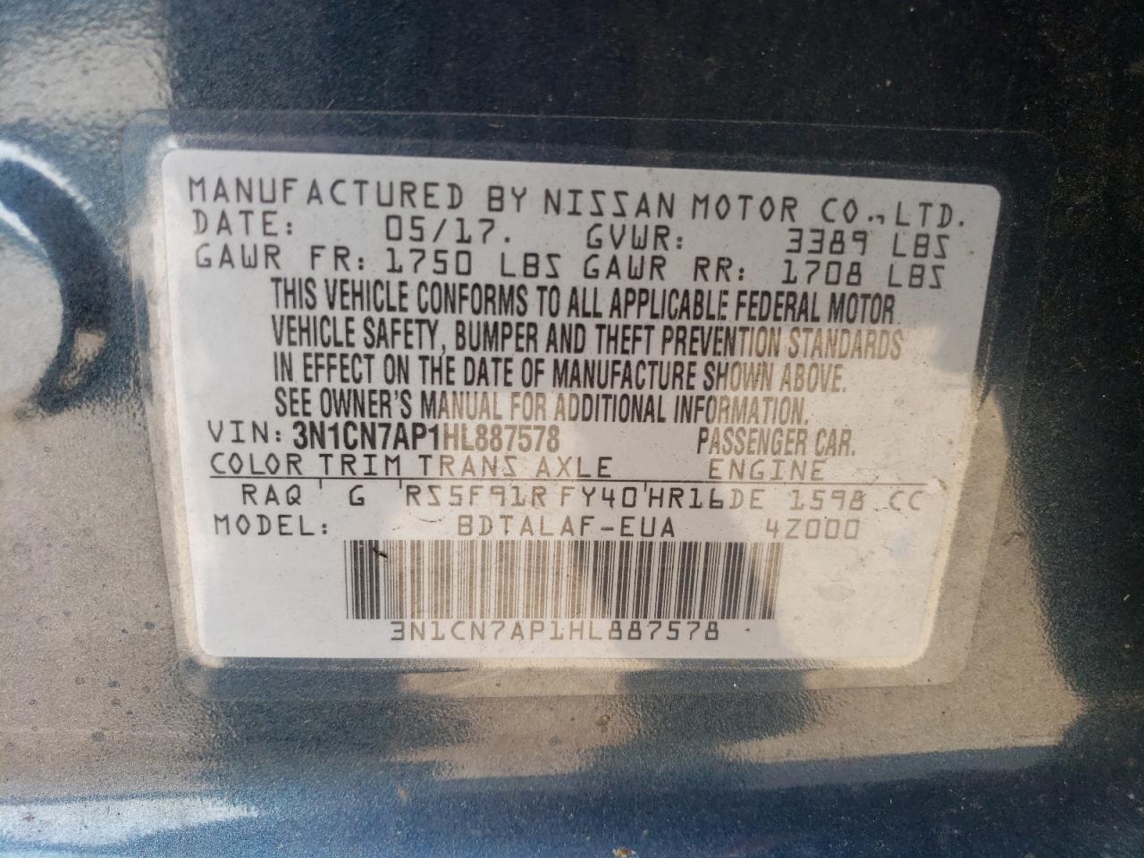 3N1CN7AP1HL887578 2017 Nissan Versa S