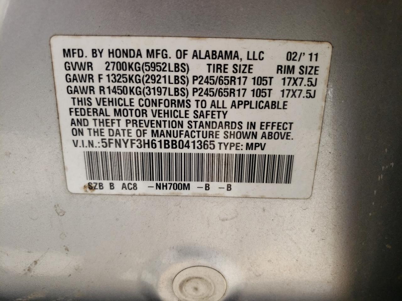 5FNYF3H61BB041365 2011 Honda Pilot Exl