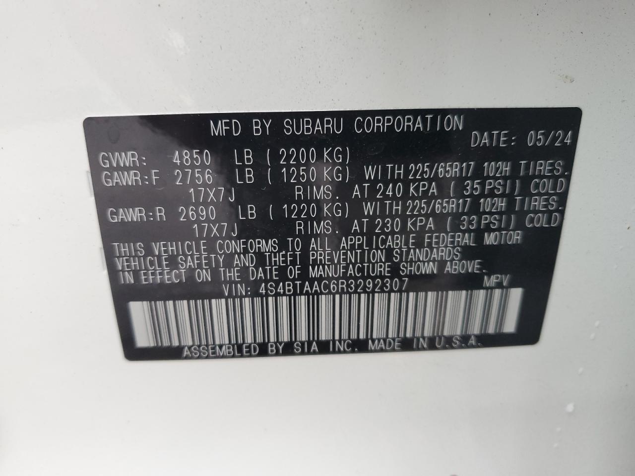 4S4BTAAC6R3292307 2024 Subaru Outback