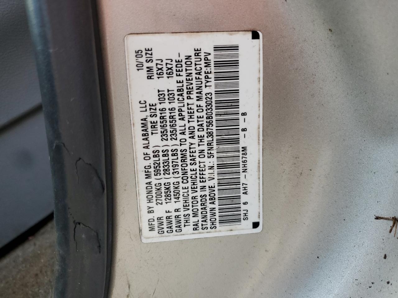 5FNRL38756B033023 2006 Honda Odyssey Exl