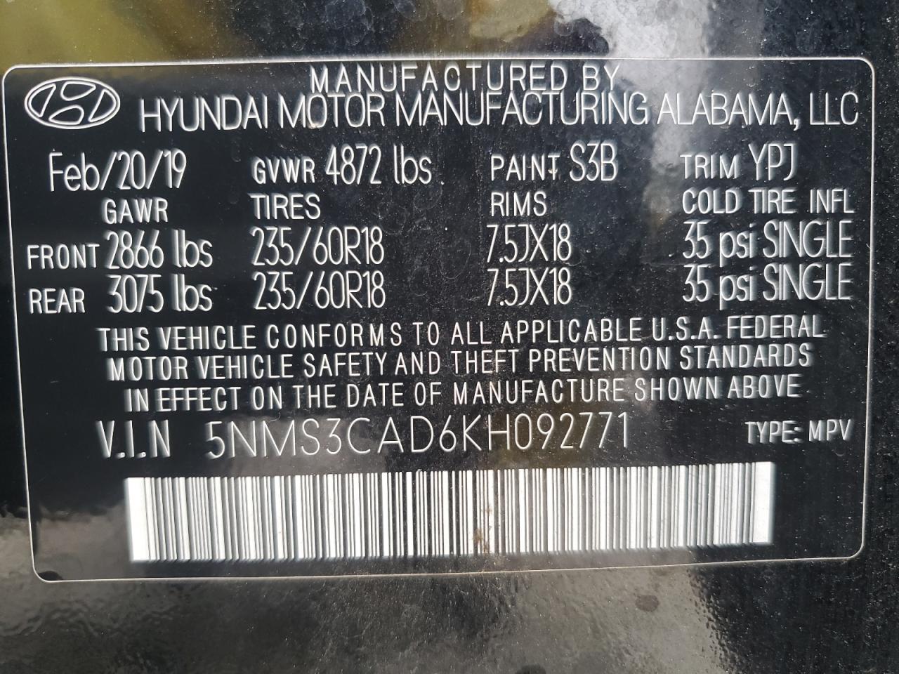 5NMS3CAD6KH092771 2019 Hyundai Santa Fe Sel