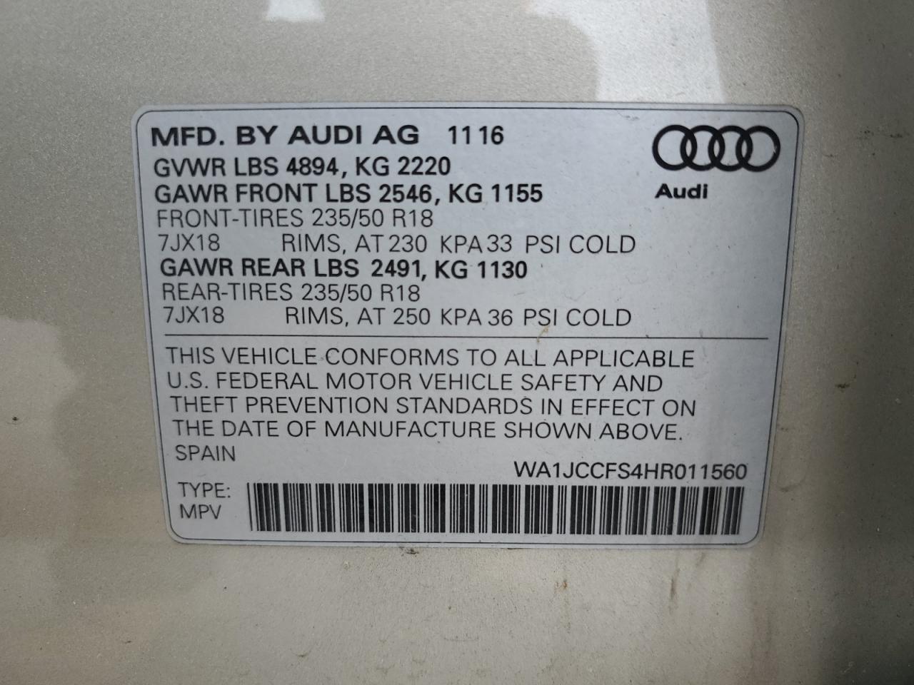 2017 Audi Q3 Premium Plus VIN: WA1JCCFS4HR011560 Lot: 73356414