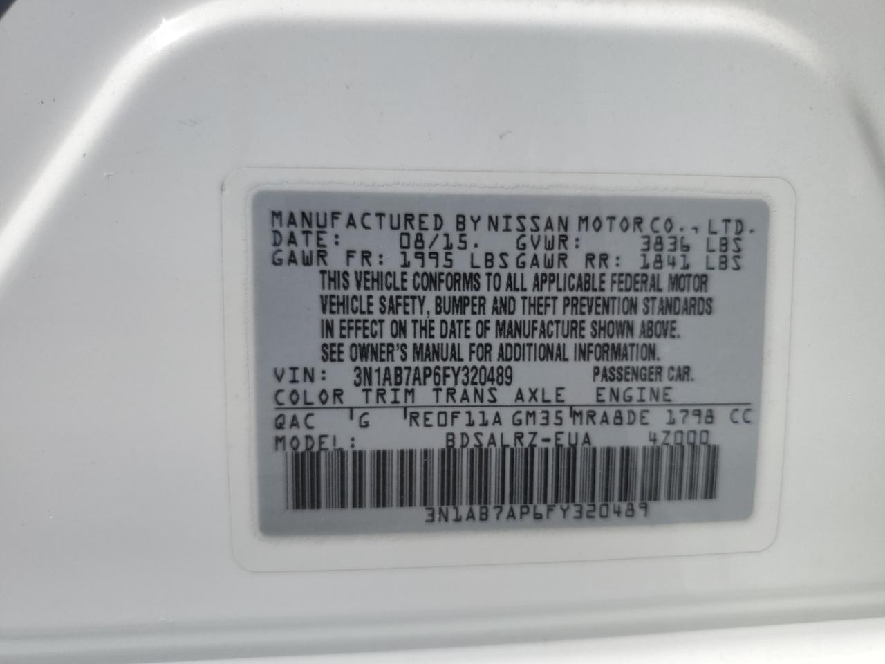 3N1AB7AP6FY320489 2015 Nissan Sentra S