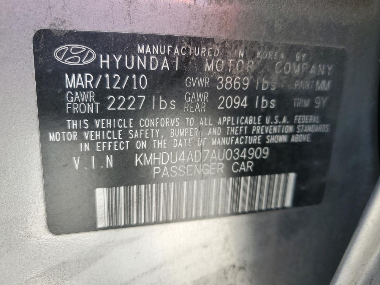 2010 Hyundai Elantra Blue VIN: KMHDU4AD7AU034909 Lot: 72234444