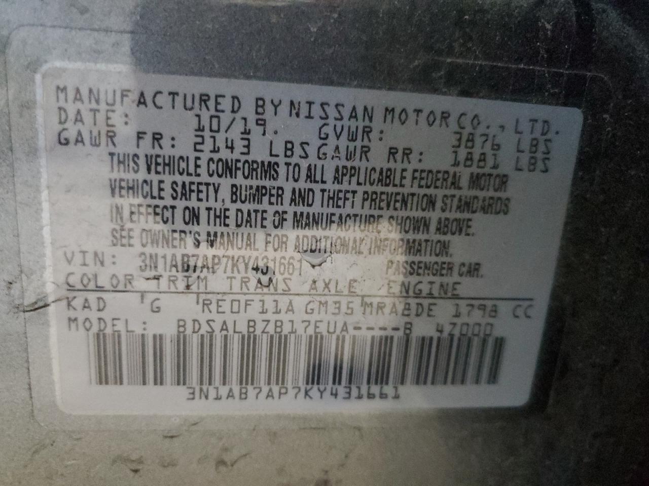 3N1AB7AP7KY431661 2019 Nissan Sentra S