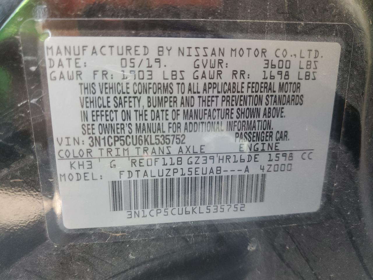 3N1CP5CU6KL535752 2019 Nissan Kicks S