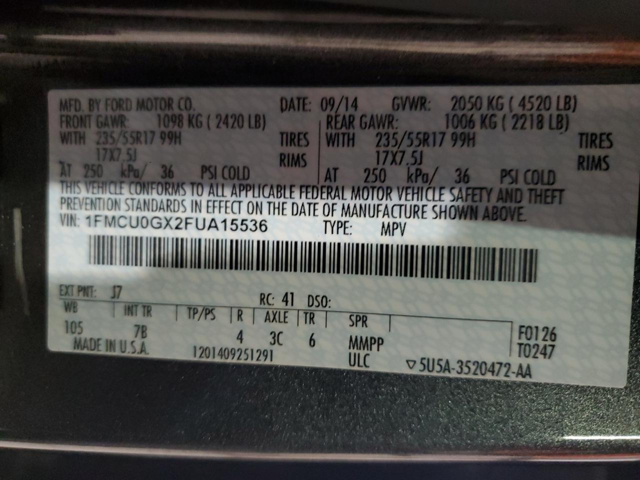 1FMCU0GX2FUA15536 2015 Ford Escape Se