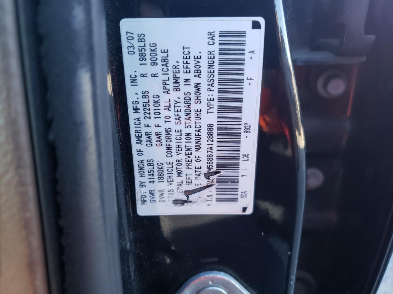 1HGCM56867A128888 2007 Honda Accord Ex