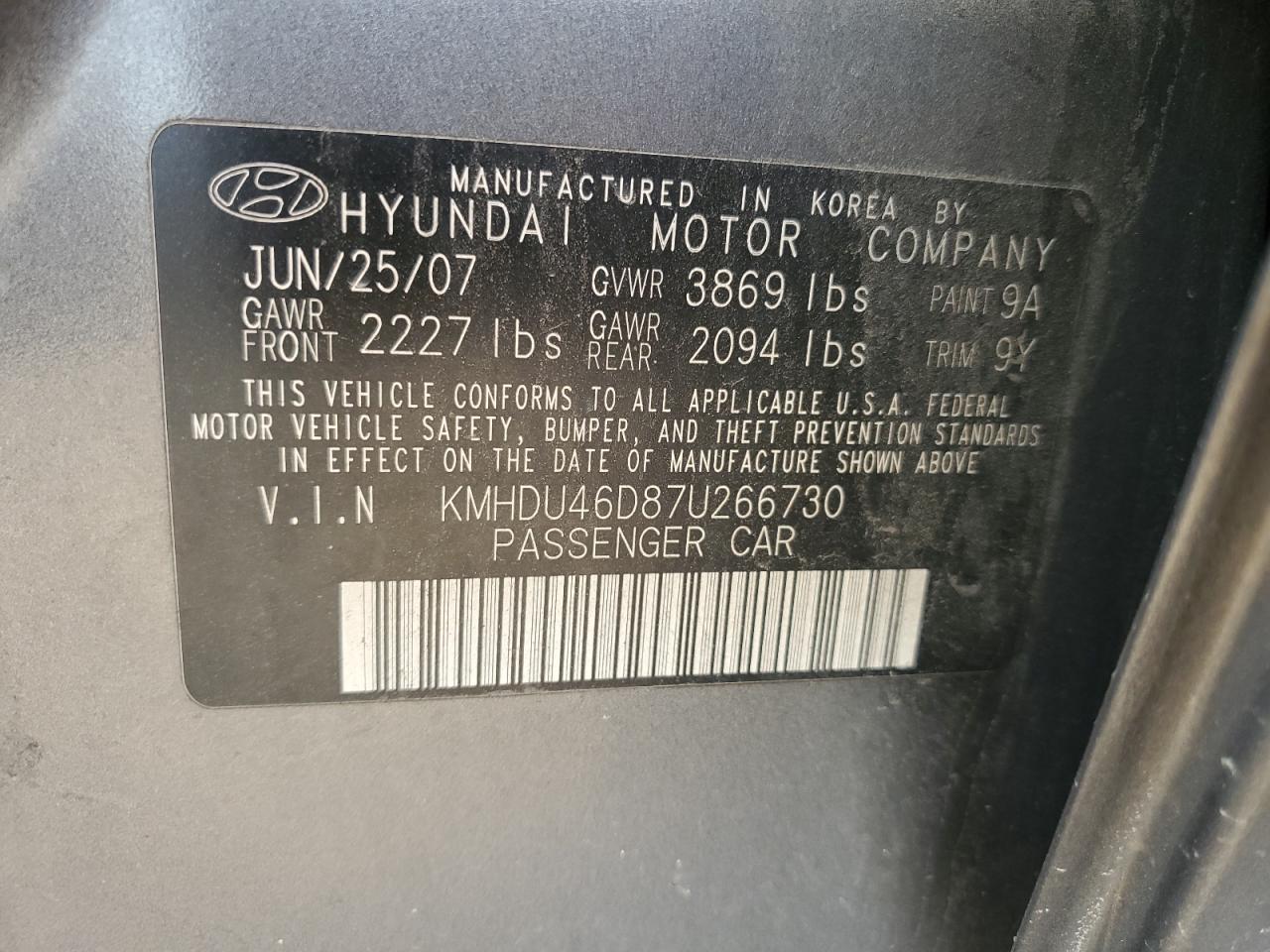 KMHDU46D87U266730 2007 Hyundai Elantra Gls