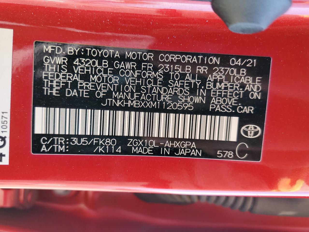 JTNKHMBXXM1120595 2021 Toyota C-Hr Xle