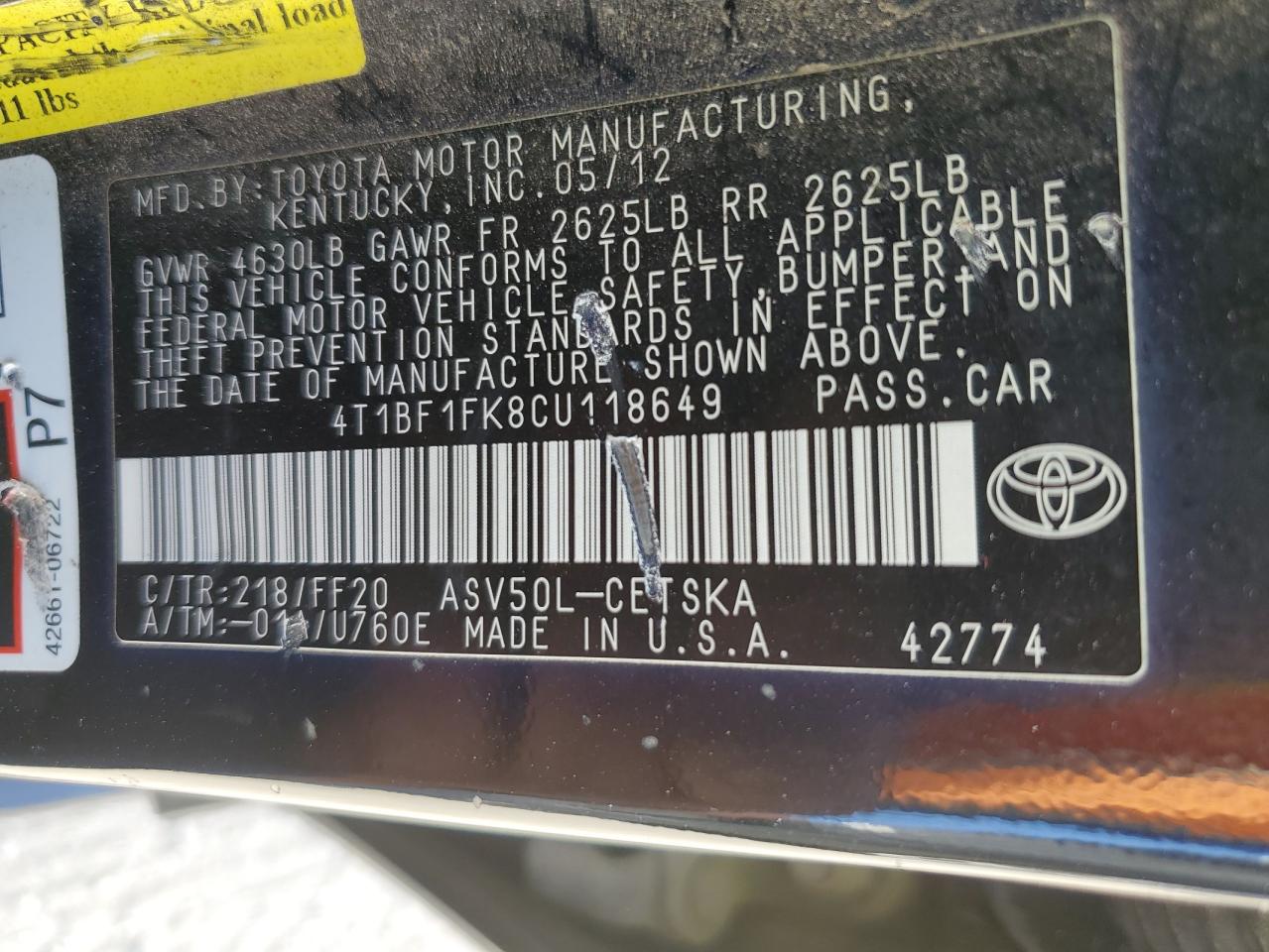 2012 Toyota Camry Base VIN: 4T1BF1FK8CU118649 Lot: 70920014