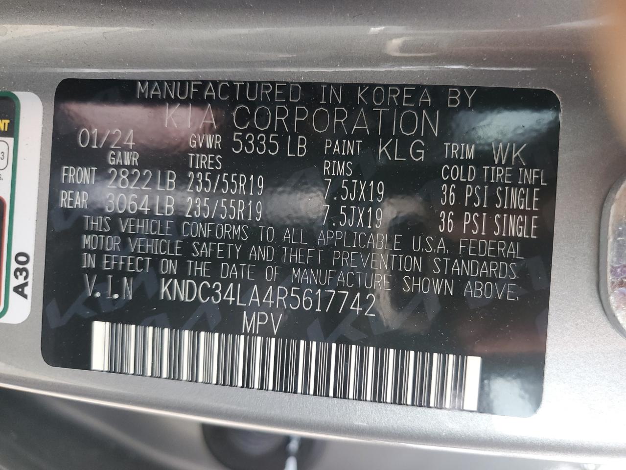 2024 Kia Ev6 Light VIN: KNDC34LA4R5617742 Lot: 71250024